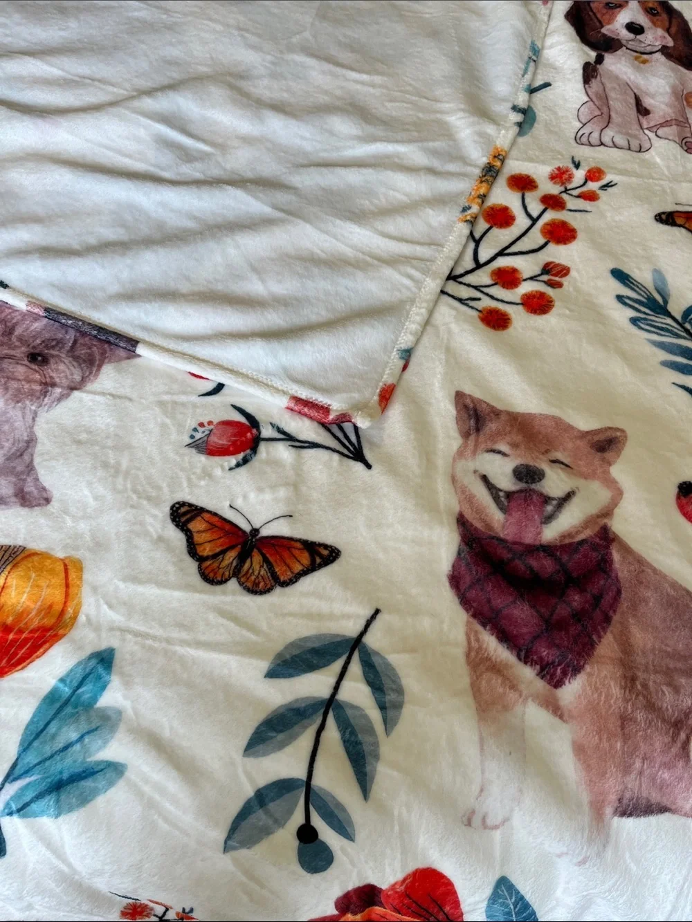 Cozy Cream Plush Dog & Floral Throw Blanket 50x58